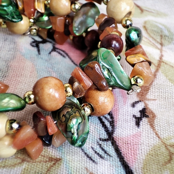 Stone Shell Wood Beaded Memory Wire Bracelet Gold Tone Mother Nature Organic EUC - Picture 6 of 7
